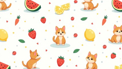 Poster - A delightful pattern featuring adorable cats and refreshing fruits, perfect for any design project. The illustration showcases a playful arrangement of cats, strawberries, lemons, watermelons.