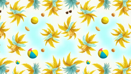 Poster - seamless pattern with pineapple, sunglasses, beach ball and fruit on a light blue background