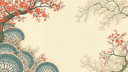 Poster - a beautiful painting of blossoming flowers with plates in corners