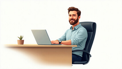 Poster - a man working happily on laptop. a man is sitting at his desk with a computer and looking at camera