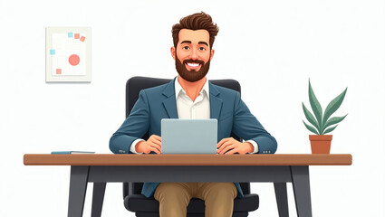 Poster - a man sitting at desk and working on his computer, the person has beard and smile on his face