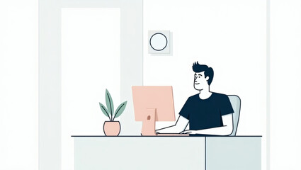 Poster - a man working at a computer in a modern office setting, surrounded by a few minimalist elements
