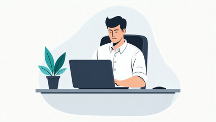 Poster - a man working on laptop with potted plant on desk. The man is wearing a shirt and looking down at the laptop