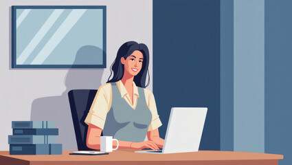 Poster - a woman is sitting at her desk, working on a laptop