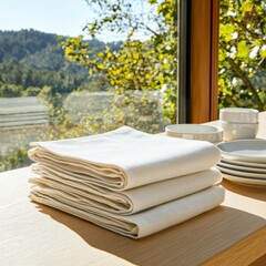 Poster - Ecofriendly linen napkins beside rustic dishes in sunlit outdoor setting side view relaxed dining atmosphere