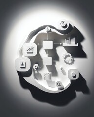 Poster - an abstract conceptual illustration with business icons symbolizing strategy, innovation, and data analysis. The elements are organized in a layered design, featuring icons related to finance, growth.