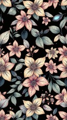 Poster - a seamless floral pattern with a dark background, featuring an array of flowers and leaves, creating an elegant and artistic design