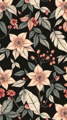 Poster - a floral seamless pattern featuring elegant flowers and leaves, arranged on a dark background, creating a stylish and appealing design