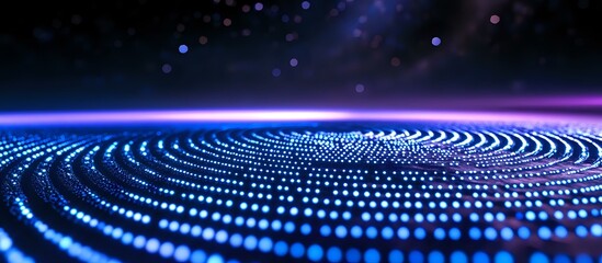 Poster - futuristic spiral pattern of glowing blue dots forming circular waves against dark background with p