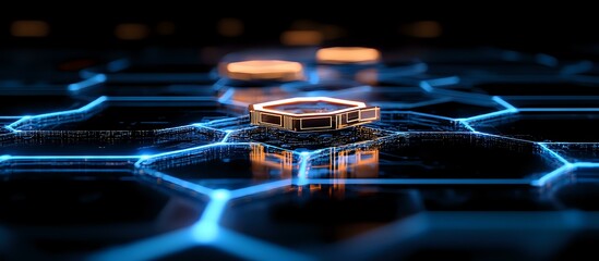 Poster - Glowing blue hexagonal network with central illuminated processor chip against dark background showcases future computing and artificial intelligence concept.