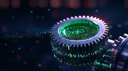 Poster - Futuristic gear mechanism with glowing green digital pattern and metallic teeth against dark background with bokeh lights, representing technological advancement.