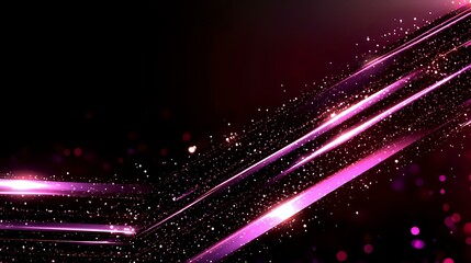 Poster - Diagonal pink light streaks with glowing particles and bokeh effects on dark background create dynamic motion and energy for technology designs.