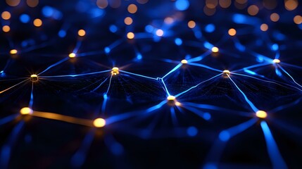 Poster - Glowing network connections with blue and orange light points forming digital mesh structure against dark background. Abstract technology concept.
