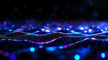 Aufkleber - Glowing blue and purple waves with bokeh light effects on dark background create magical atmosphere for technology and science designs.