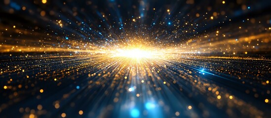 Poster - Glowing starburst explosion with golden light rays and blue sparkles on dark background, radiating energy waves in perspective view for cosmic design.