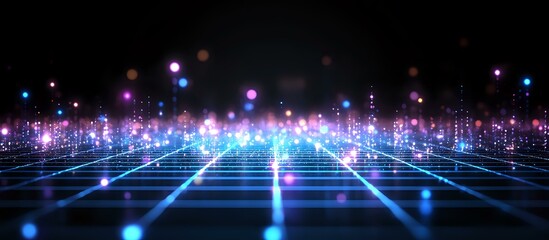 Poster - Futuristic digital grid landscape with glowing blue light trails and purple bokeh effects against dark background, creating modern technological perspective.