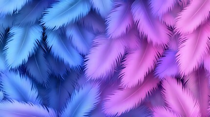 Poster - Soft fluffy feathers in gradient blue and pink colors create dreamy abstract pattern background, gentle overlapping plumes with delicate texture.