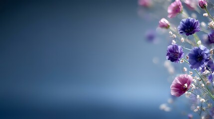 Poster - Delicate purple and pink wildflowers against dark blue gradient background with soft bokeh effect and copy space for text, suitable for romantic designs.