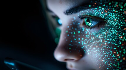 Poster - Mesmerizing close-up profile with glowing turquoise sparkles scattered across face, dramatic eye makeup and illuminated skin against dark background for beauty concepts.