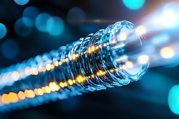 Poster - Glowing fiber optic cable with blue and orange bokeh lights creating futuristic technology atmosphere, macro photography showing detailed glass structure.