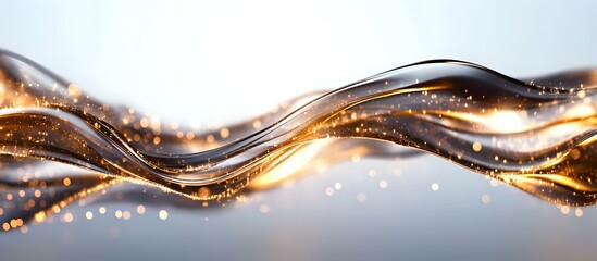 Poster - Luminous golden waves flow with sparkling particles against soft gray background, creating dynamic motion effect for luxury designs and abstract backgrounds.