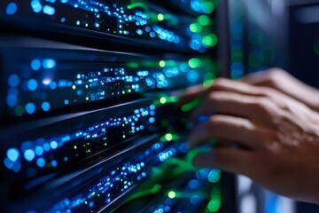 Poster - Network administrator hands working on server rack with glowing blue and green LED indicators in modern datacenter, focused on maintenance and connectivity.