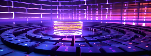 Poster - Glowing cryptocurrency coin on computer keyboard with futuristic neon lighting effects and circular pattern, digital finance concept in purple and blue tones.
