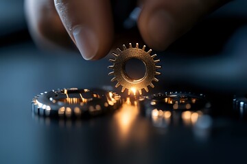 Poster - Metal gear wheels with dramatic lighting and shallow depth of field, fingers holding mechanical part above industrial components. Engineering concept with warm glow.