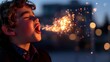 © Yuliia - Young boy blowing magical glowing sparkles in evening light with bokeh background, creating dreamy atmosphere and capturing childhood wonder and imagination.