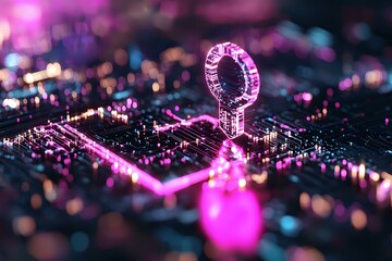 Poster - Glowing quantum computing circuit board with pink and purple neon lights creating futuristic technology atmosphere. Miniature circuit paths illuminate against dark background.