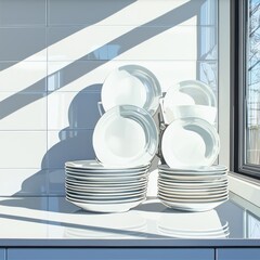 Poster - Bright leadfree glazed dishes stacked in a kitchen natural light streaming through window front view minimalist aesthetic