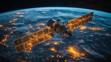 Aufkleber - A satellite orbits the Earth in a geostationary position during nighttime, transmitting telemetry and broadband data while illuminated city lights create a breathtaking view below.