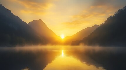 Poster - Tranquil sunrise over mountains reflected in a serene lake with mist drifting above the water.