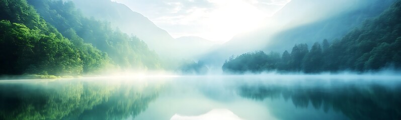 Poster - Serene landscape featuring mist over a tranquil lake surrounded by mountains and trees.