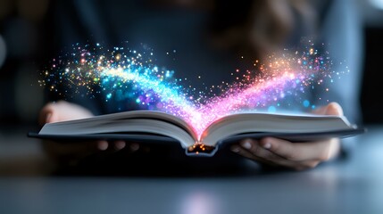 Poster - Magical glowing open book with colorful light streaming upward, sparkling particles and mystical energy emerging from pages in dark atmospheric setting.