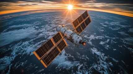 Aufkleber - A satellite orbits Earth, collecting telemetry and GPS signals as the sun sets on the horizon. The scene captures the vastness of space and the beauty of our planet below.