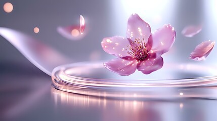 Poster - Pink cherry blossom floating on water surface with falling petals in soft dreamy light. Gentle ripples create serene zen atmosphere for wellness and spa designs.