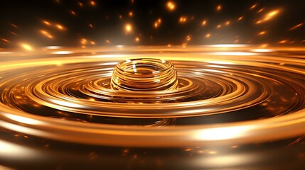 Poster - Mesmerizing golden liquid ripple with light sparkles creates spiral motion effect against dark background. Metallic droplet impact causes concentric waves.