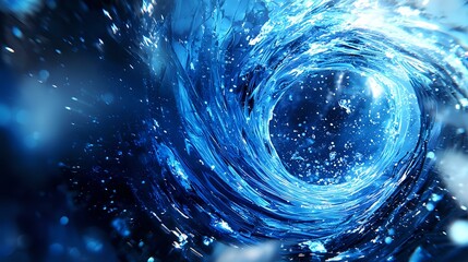 Poster - Swirling blue vortex with glowing particles and light effects creates dynamic spiral motion against dark background, abstract cosmic energy visualization.