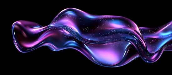 Poster - Flowing abstract liquid wave in purple and blue neon colors with glitter particles on black background, cosmic fluid motion design element.