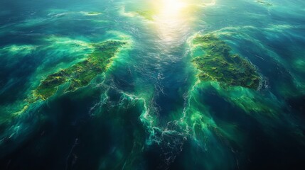 Aufkleber - High-resolution satellite captures geospatial details of ocean water surrounding two lush islands, showcasing vibrant colors and unique terrain. AI technology enhances monitoring and analysis.