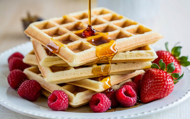 Poster - Golden brown waffles on a white ceramic plate, drizzled with maple syrup and raspberries
