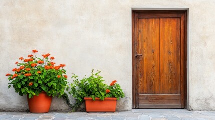  Orange flowers in terracotta pots beside a rustic wooden door set against a textured white wall. 