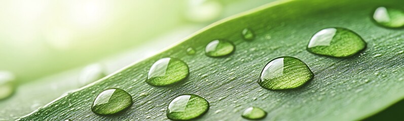 Poster - Fresh green leaf with water droplets sparkling in soft light.
