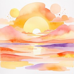 Poster - Watercolor painting of a prehistoric landscape reflecting on the water at sunset