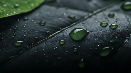 Poster - Close-up of water droplets on a dark green leaf, highlighting nature's beauty and texture.