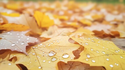 Poster - Yellow leaves covered in raindrops create a serene autumn scene.