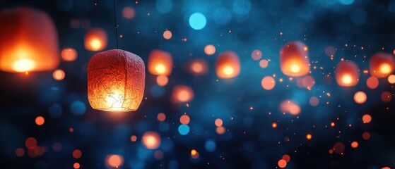 Poster - Glowing Lanterns Illuminating a Dreamy Night Sky with Soft Bokeh Effects