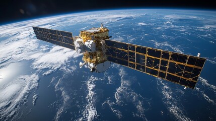 Aufkleber - A satellite orbits Earth, equipped with solar panels and instruments. It transmits telemetry and positioning signals crucial for satellite navigation systems and tracking technologies.