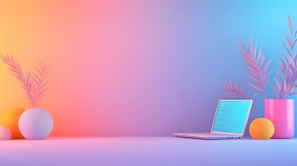Poster - A modern workspace featuring a laptop, colorful pots, and soft lighting in shades of pink and blue